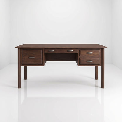 The Charlotte Hardwood Desk is a handcrafted dark wood executive desk with a large drawer on the left, two smaller drawers on the right, a center drawer, and metallic hardware.