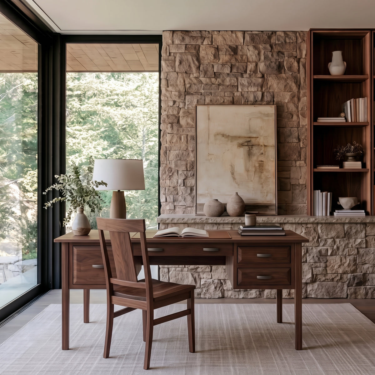 The Charlotte Hardwood Desk features storage drawers and a matching chair, positioned in front of a stone wall and a large window.