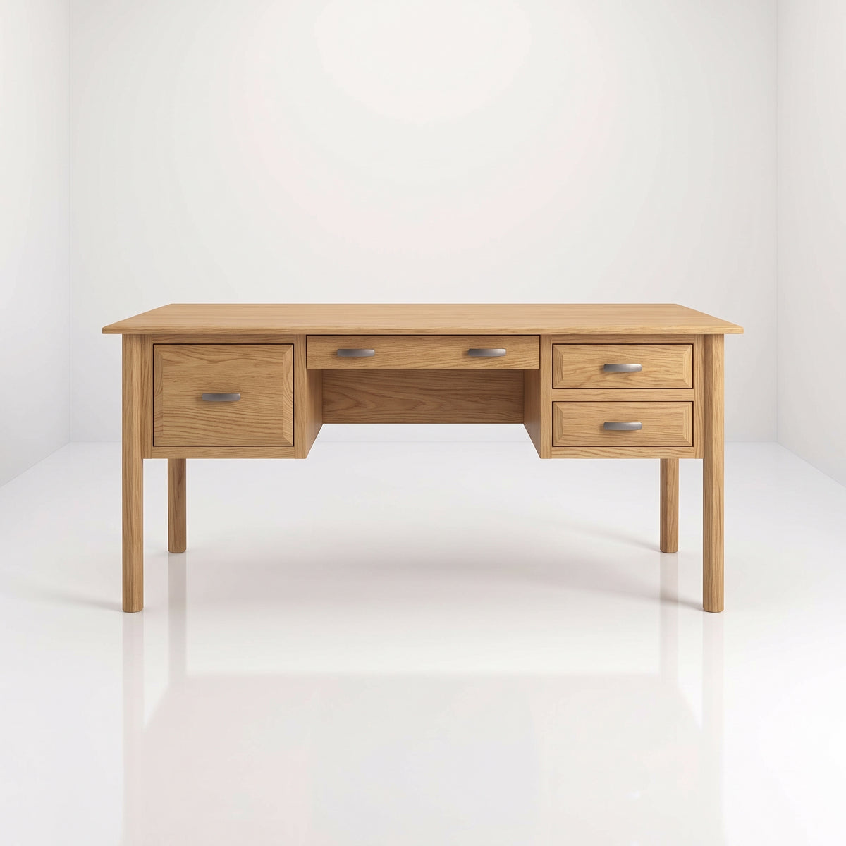 The Charlotte Hardwood Desk is a handcrafted solid hardwood piece with a central drawer, one large drawer on the left, and two stacked smaller drawers on the right, all featuring metal hardware.
