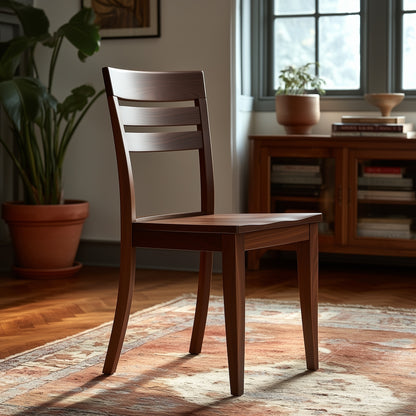 The Clayton Chair, handcrafted in the USA from solid walnut with a slatted backrest, adds warmth and style to any cozy room with its durable wood construction.