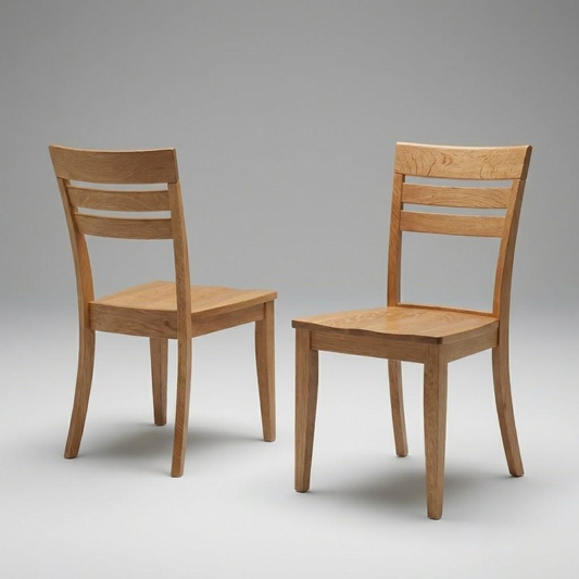 Two  simple modern slatback hardwood custom usa made quarter-sawn white oak wooden dining chairs on a gray background