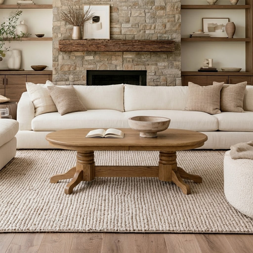 A cozy living room with a cream sofa, neutral pillows, and The Colt Semi-Oval Coffee Table—a handcrafted solid wood centerpiece styled with an open book and bowl—complemented by a textured rug, stone fireplace, and shelves adorned with decor in natural tones. Every detail highlights the timeless quality of pieces crafted by skilled American craftsmen.
