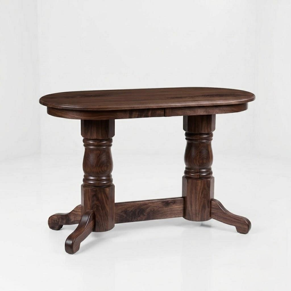 The Colt Semi-Oval Console Table, handcrafted from solid dark wood by skilled American craftsmen, features a smooth top with a durable finish, two ornate pedestal legs, and curved feet, and is displayed against a plain white background.