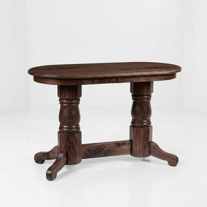 The Colt Semi-Oval Console Table, handcrafted from solid dark wood by skilled American craftsmen, features a smooth top with a durable finish, two ornate pedestal legs, and curved feet, and is displayed against a plain white background.