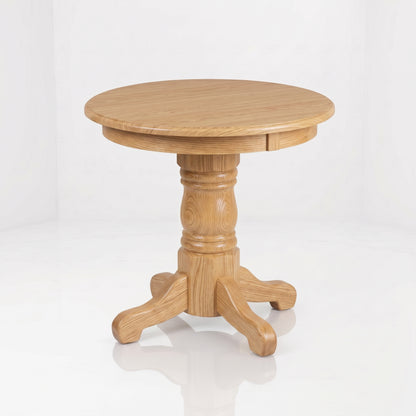 Introducing The Colt Round End Table: a handcrafted piece made from solid wood by skilled American craftsmen. This table features a polished round surface and a single central pedestal base with four gracefully curved legs. Its durable top coat ensures lasting elegance, while the plain white background highlights its timeless design.