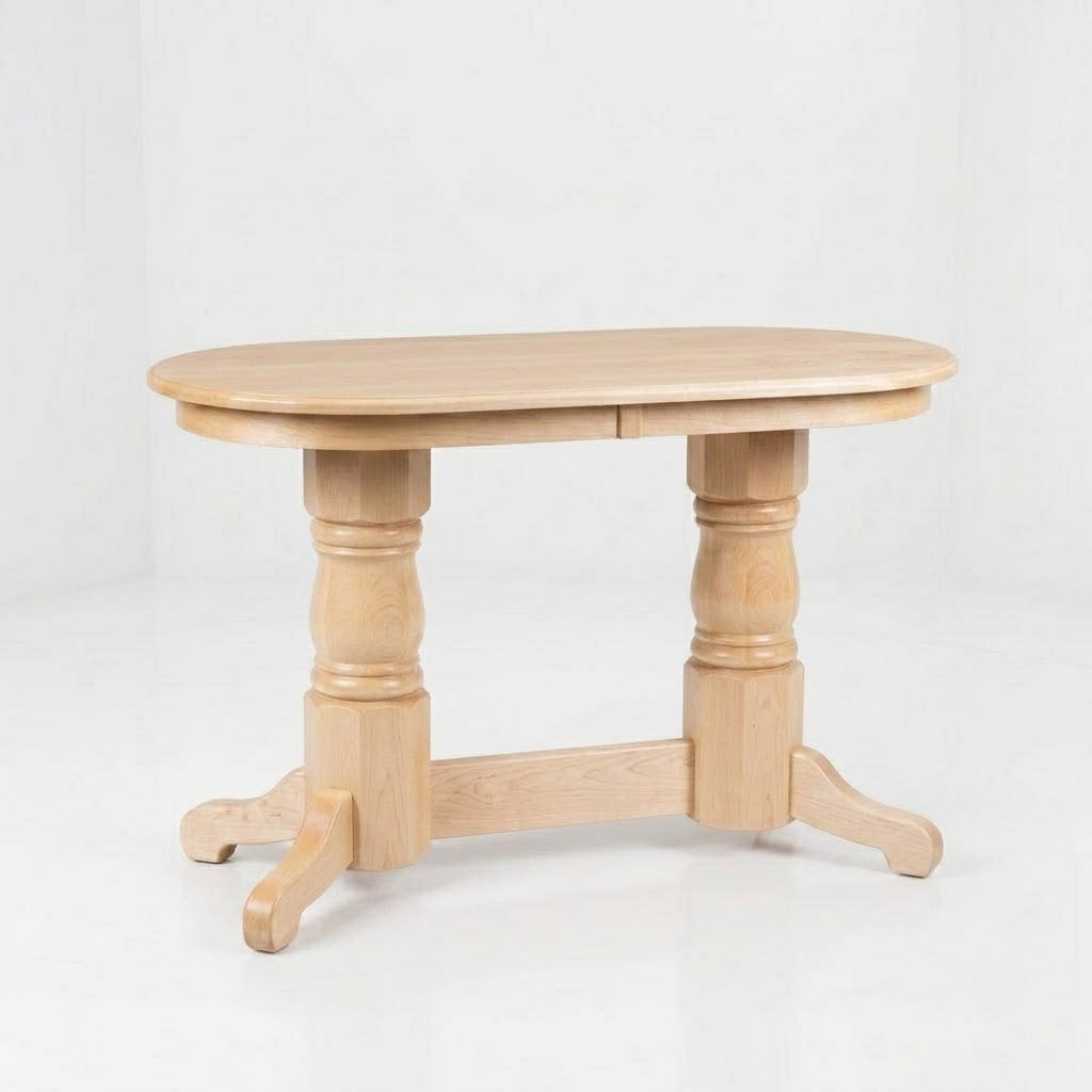 The Colt Semi-Oval Console Table features a light wood finish, two thick turned pedestal legs with curved feet, and is handcrafted from solid wood by skilled American craftsmen. It is finished with a durable top coat and photographed against a plain white background.