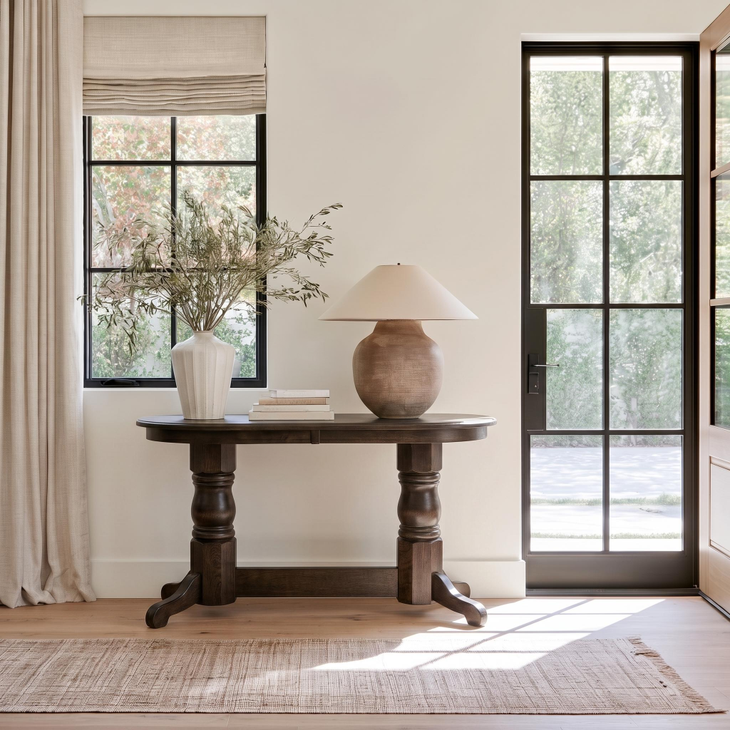 The Colt Semi-Oval Console Table, featuring handcrafted solid wood construction, is styled with a ceramic vase of greenery, books, and a lamp beside black-framed windows and a glass door in a bright, minimalist room with neutral decor.