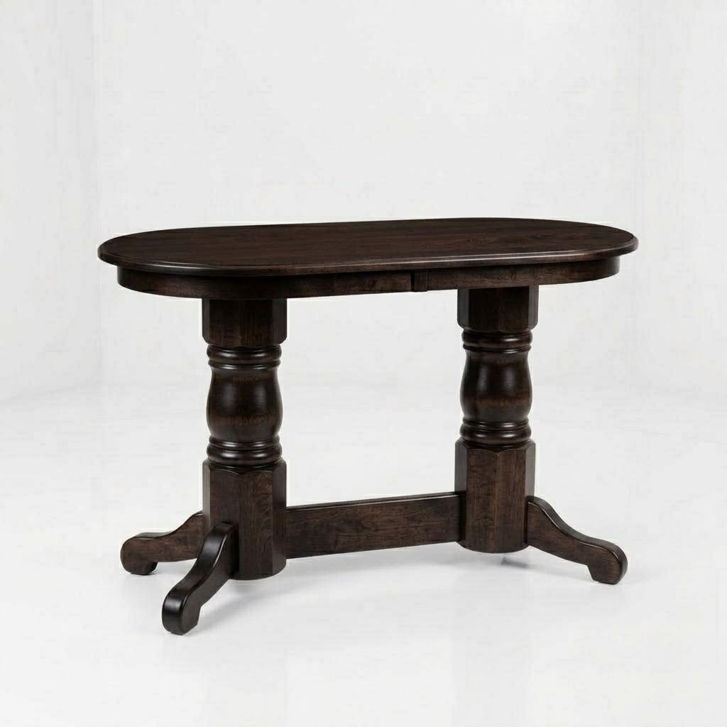 Introducing The Colt Semi-Oval Console Table: a dark wooden console featuring a semi-oval top, two thick, turned pedestal legs joined by a central stretcher and gracefully curved feet. Handcrafted from solid wood by skilled American craftsmen and finished with a durable top coat, this table is showcased against a plain white background.