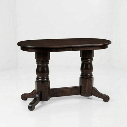 Introducing The Colt Semi-Oval Console Table: a dark wooden console featuring a semi-oval top, two thick, turned pedestal legs joined by a central stretcher and gracefully curved feet. Handcrafted from solid wood by skilled American craftsmen and finished with a durable top coat, this table is showcased against a plain white background.