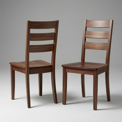Two wooden solid walnut custom usa handmade premium chairs, front and back, on a gray background