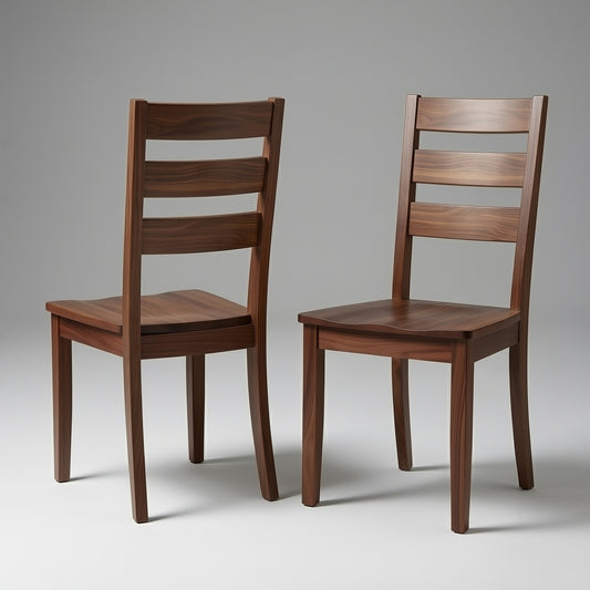 Two wooden solid walnut custom usa handmade premium chairs, front and back, on a gray background