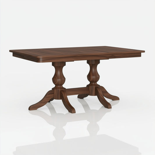 The Devlin Dining Table is handcrafted in the USA from solid walnut with a polished finish, two pedestal legs, and curved feet, shown on a white background.