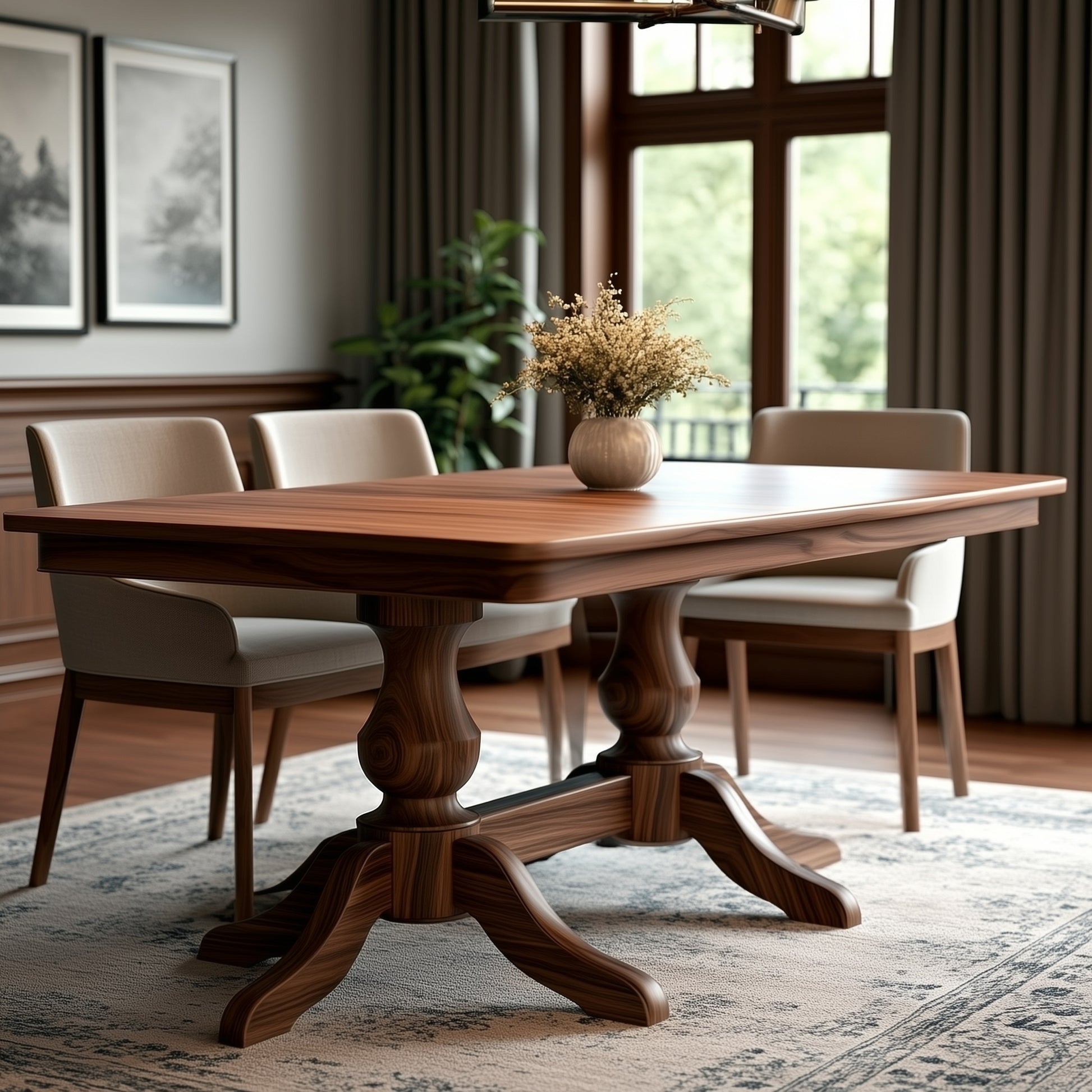 The Devlin Dining Table, handcrafted in the USA from solid walnut with ornate legs, is paired with four upholstered chairs on a patterned rug. A vase of dried flowers adorns the table in a bright room with large windows and framed art.