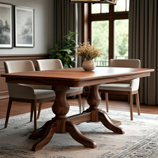 The Devlin Dining Table, handcrafted in the USA from solid walnut with ornate legs, is paired with four upholstered chairs on a patterned rug. A vase of dried flowers adorns the table in a bright room with large windows and framed art.
