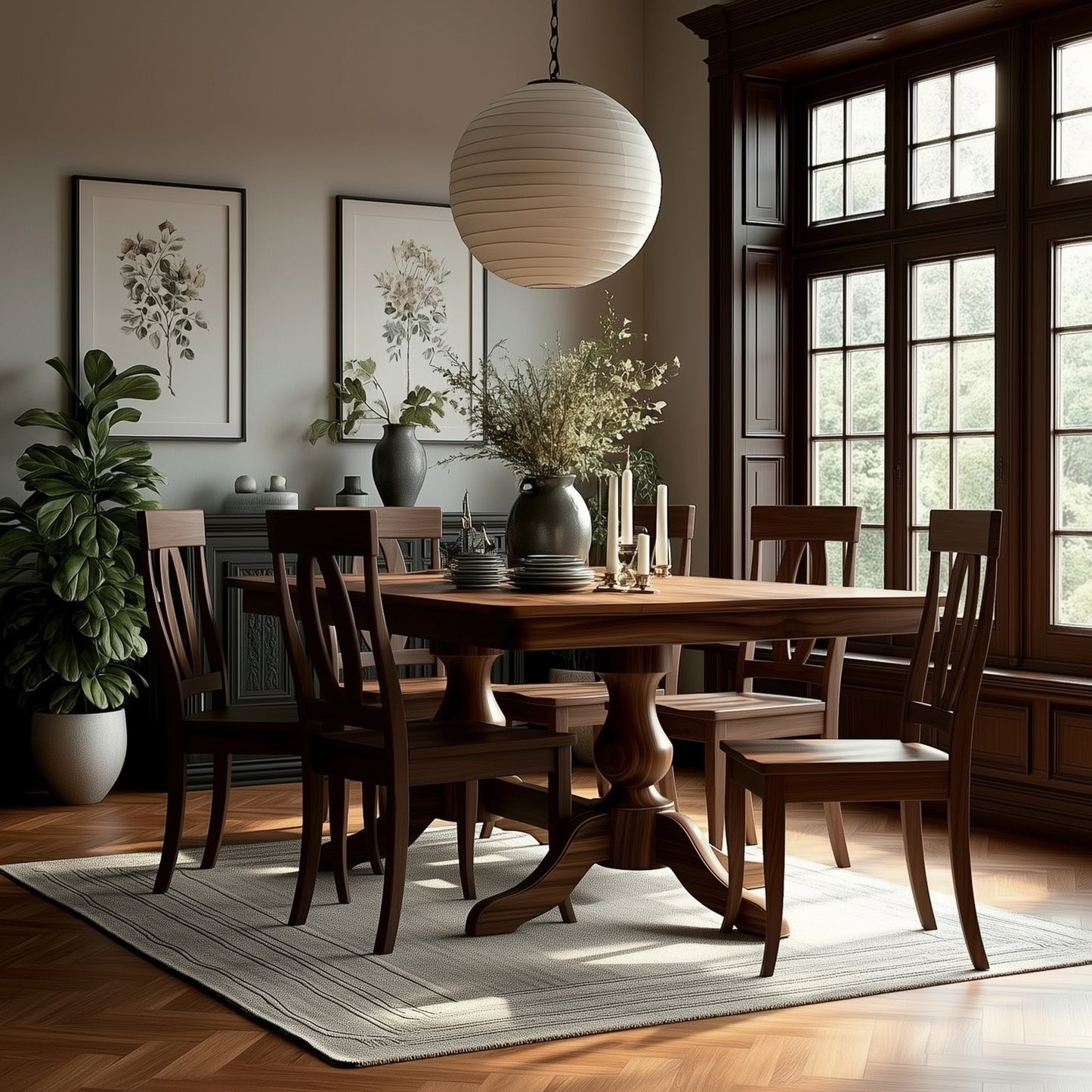 A dining room showcases The Devlin Dining Table with extension leaves, six chairs, and a rug. Vases of flowers adorn the table. Large windows provide natural light, while framed botanical art and a potted plant add the finishing touches.