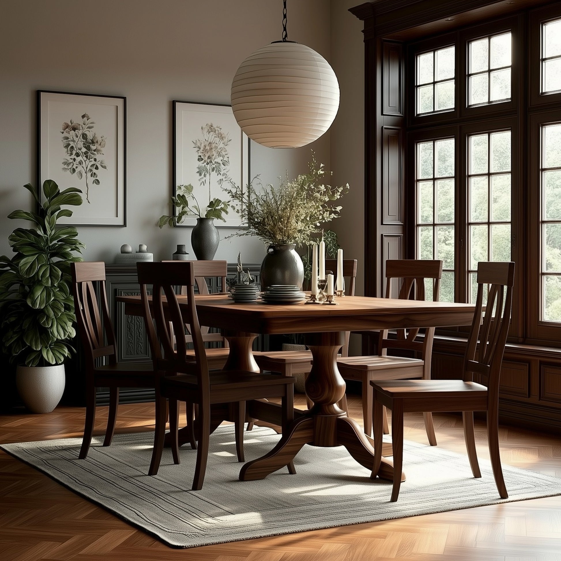 A dining room showcases The Devlin Dining Table with extension leaves, six chairs, and a rug. Vases of flowers adorn the table. Large windows provide natural light, while framed botanical art and a potted plant add the finishing touches.