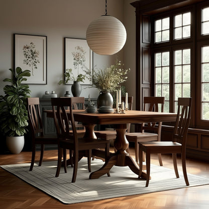 A dining room showcases The Devlin Dining Table with extension leaves, six chairs, and a rug. Vases of flowers adorn the table. Large windows provide natural light, while framed botanical art and a potted plant add the finishing touches.