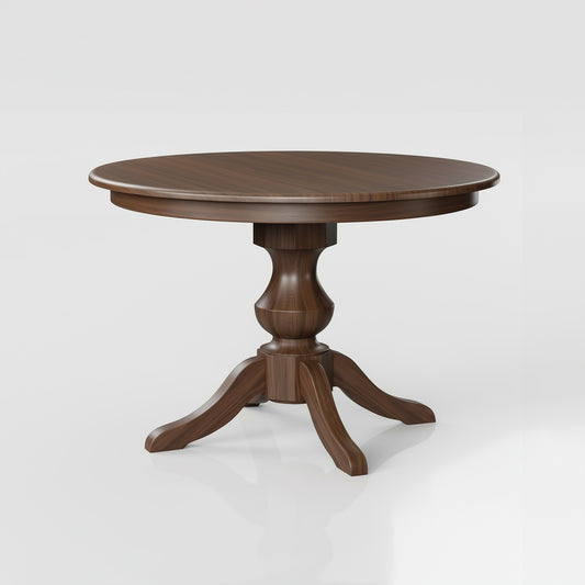 The Drayton Dining Table, handcrafted in the USA, features a smooth solid walnut round top and a central base with four curved legs, shown against a plain white background.