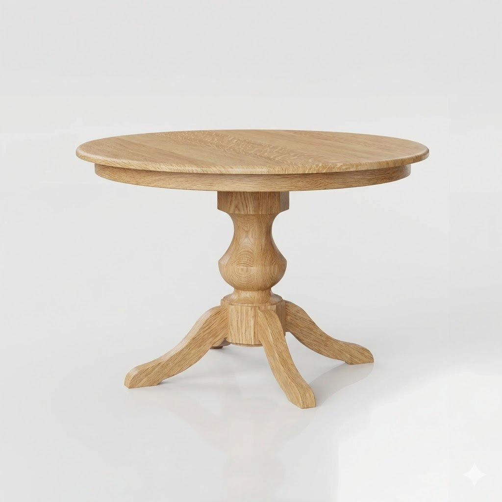 Round wooden table with a pedestal base on a white background