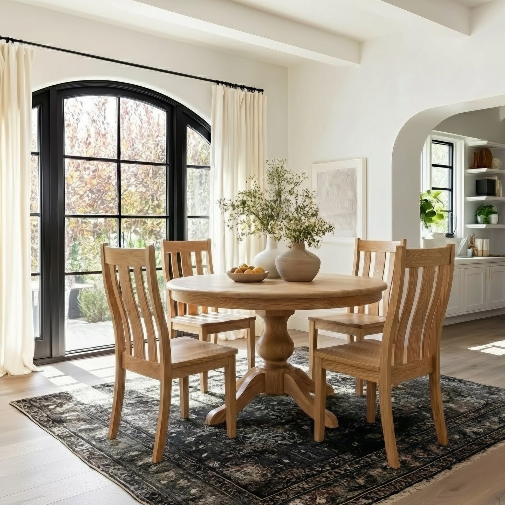 Dining room with wooden table and chairs in a bright room with large windows.