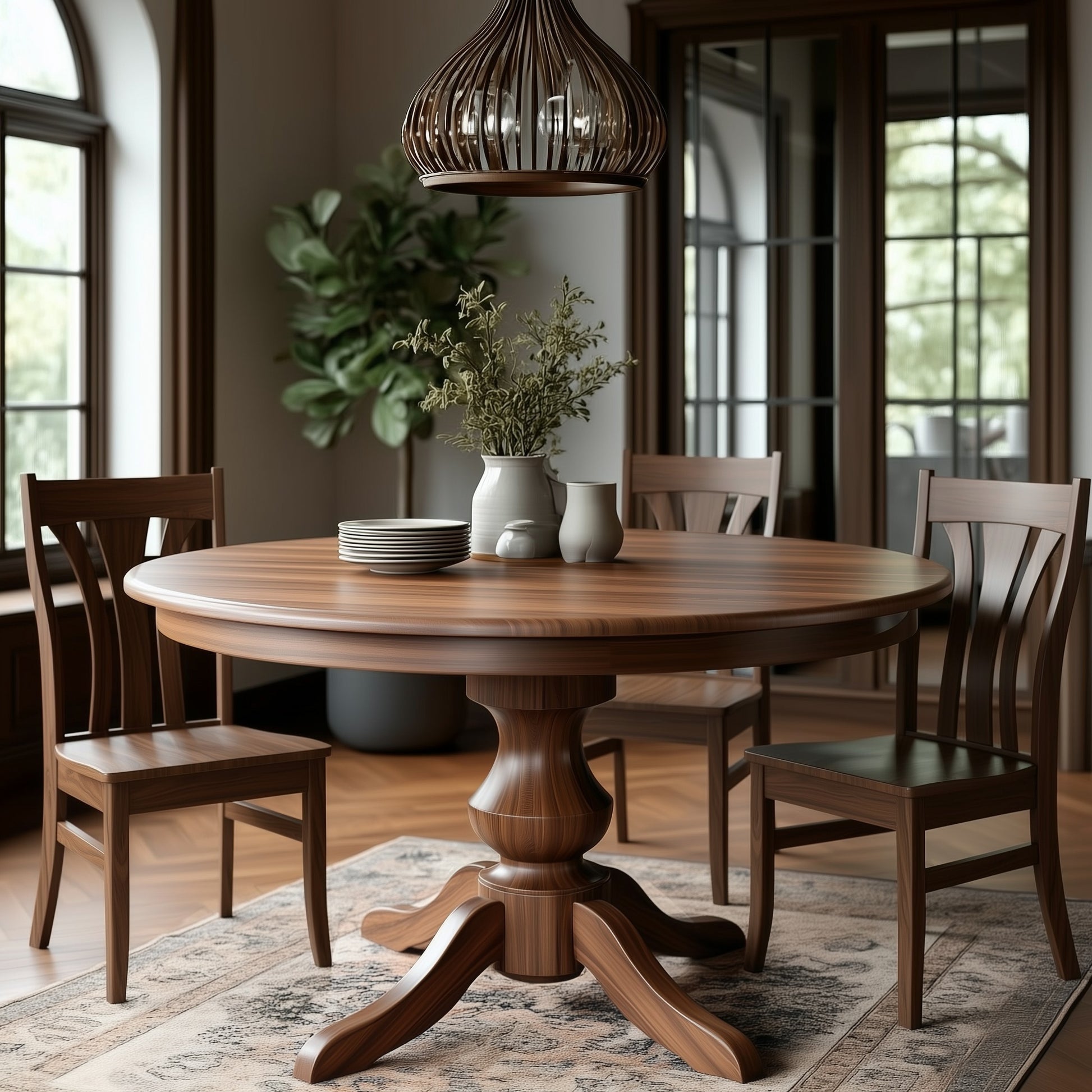 The Drayton Dining Table, handcrafted in the USA, is paired with four chairs on a patterned rug. Stacked plates and a vase with greenery sit atop the table beneath a modern pendant, with large windows and a leafy plant completing the scene.