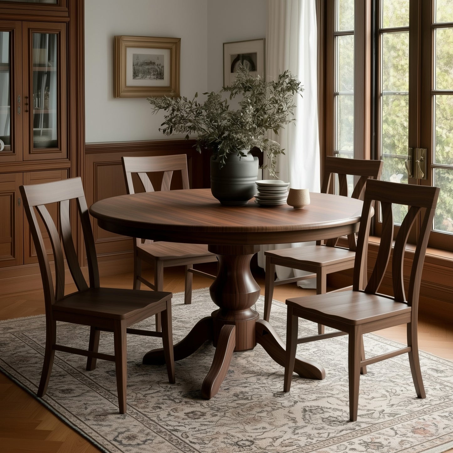 The Drayton Dining Table, handcrafted in the USA from solid walnut, is paired with four matching chairs and placed on a patterned rug in a sunlit room. A vase with leafy branches sits atop the round pedestal table, with framed art and large windows behind.
