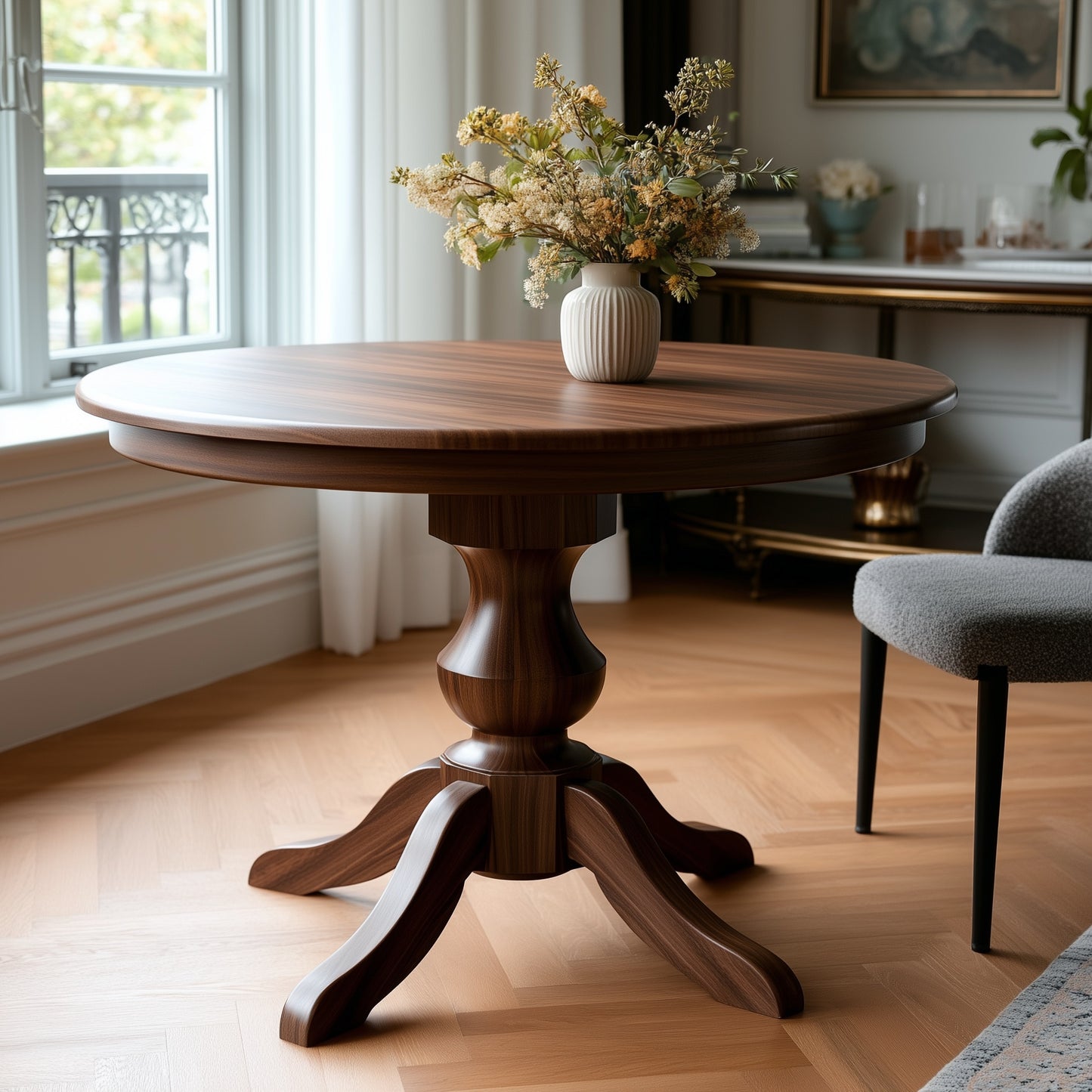 The Drayton Dining Table, crafted from solid walnut and topped with a vase of flowers, stands in a bright, elegant room with wooden floors, a window, and a gray upholstered chair nearby.