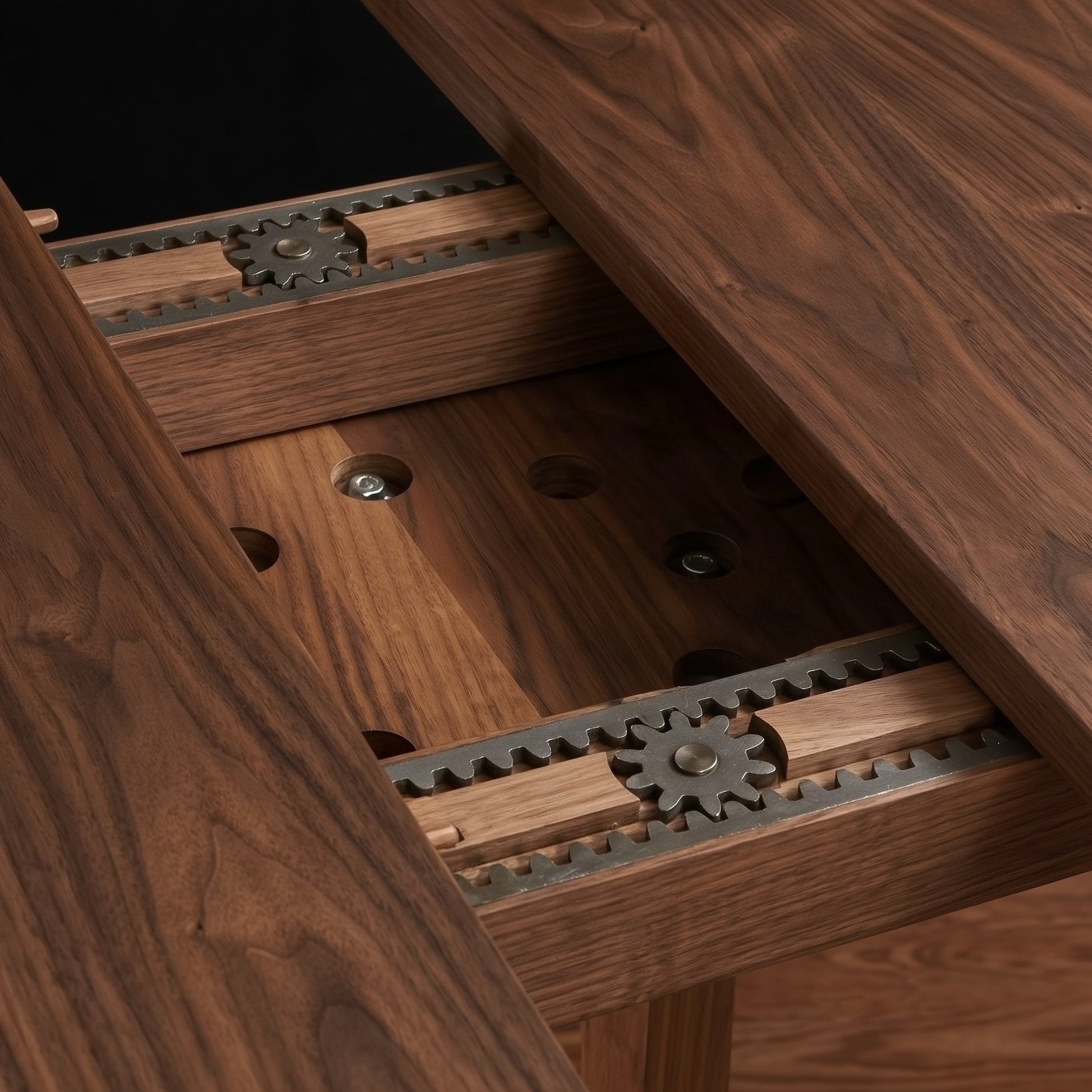 Close up image of the metal gears and mechanism that allows an expandable table to open.