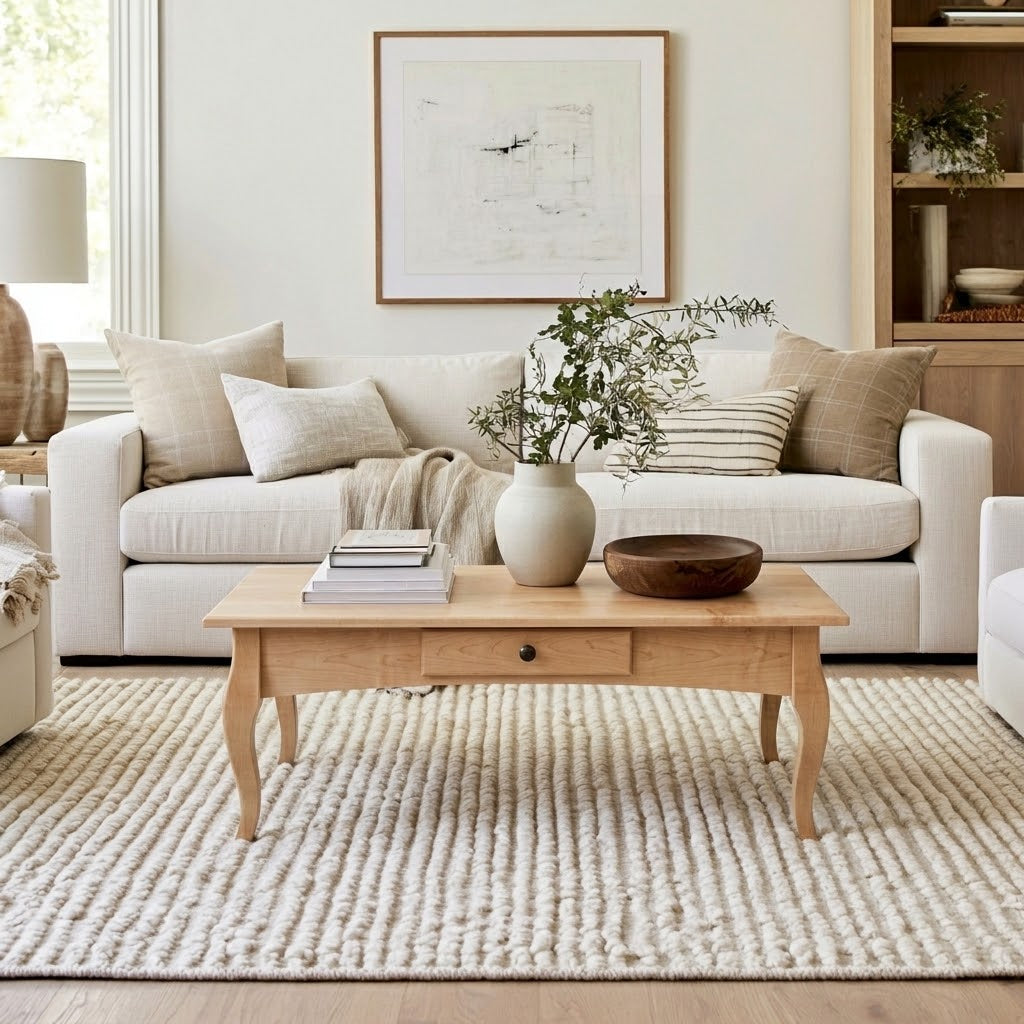 A cozy living room with a white sofa, neutral pillows, The Fox Rectangle Coffee Table handcrafted by American craftsmen holding a vase, bowl, and books, and a textured cream rug. Framed abstract art hangs on the wall above the sofa.