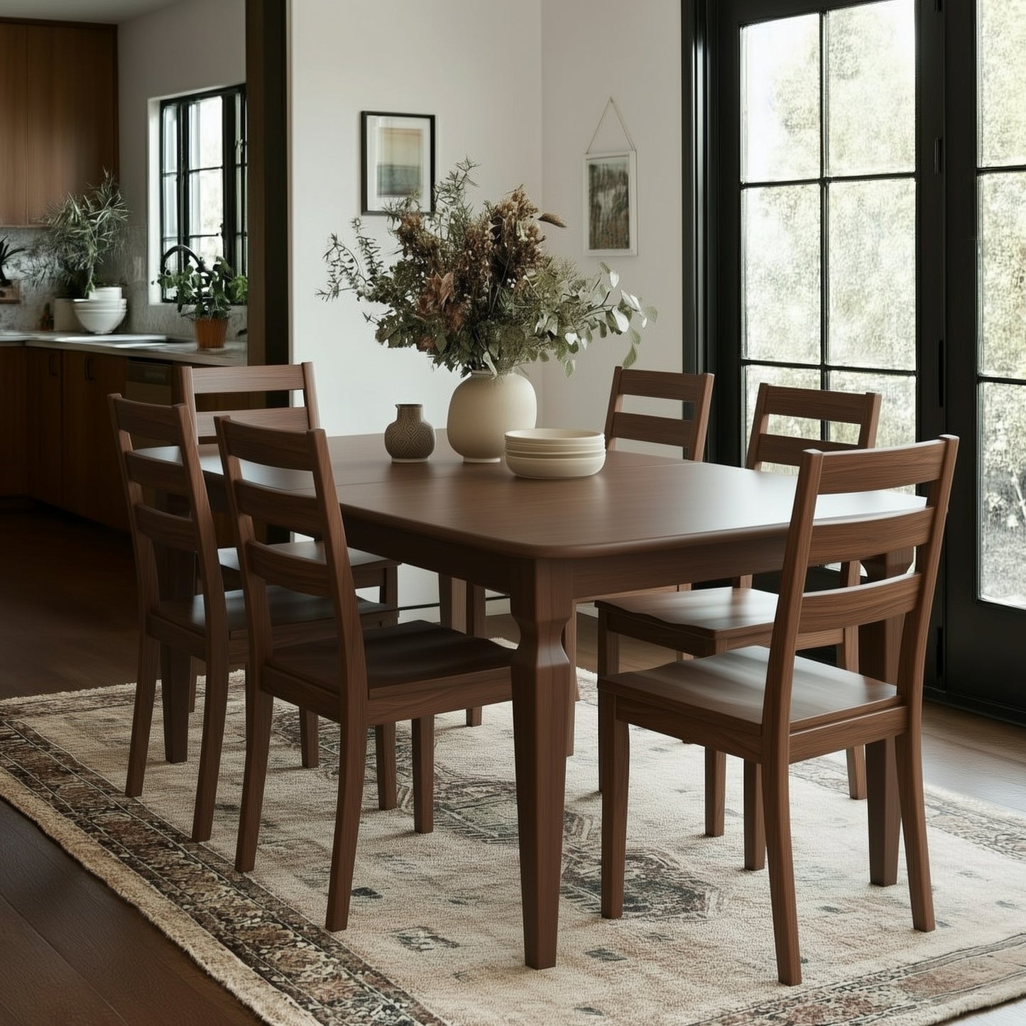 A modern dining room with The Fuller Dining Table featuring extension leaves and six matching chairs on a patterned rug. A vase with dried flowers sits atop the table, framed art decorates the wall, and large windows fill the space with light.