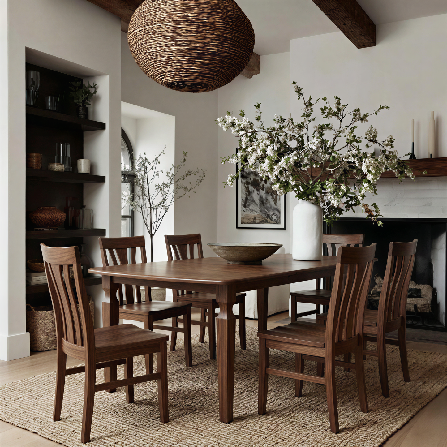 Dining room with wooden table and chairs, vase of flowers, and fireplace. USA Handcrafted custom solid walnut hardwood expandable extendable dining table and chairs customizable.