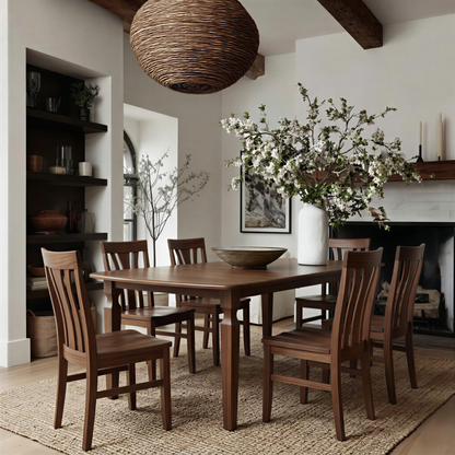 Dining room with wooden table and chairs, vase of flowers, and fireplace. USA Handcrafted custom solid walnut hardwood expandable extendable dining table and chairs customizable.