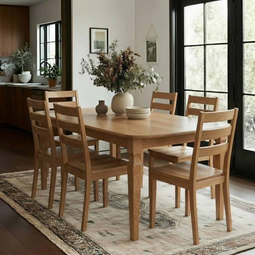 Wooden dining table with chairs in a room with large windows.