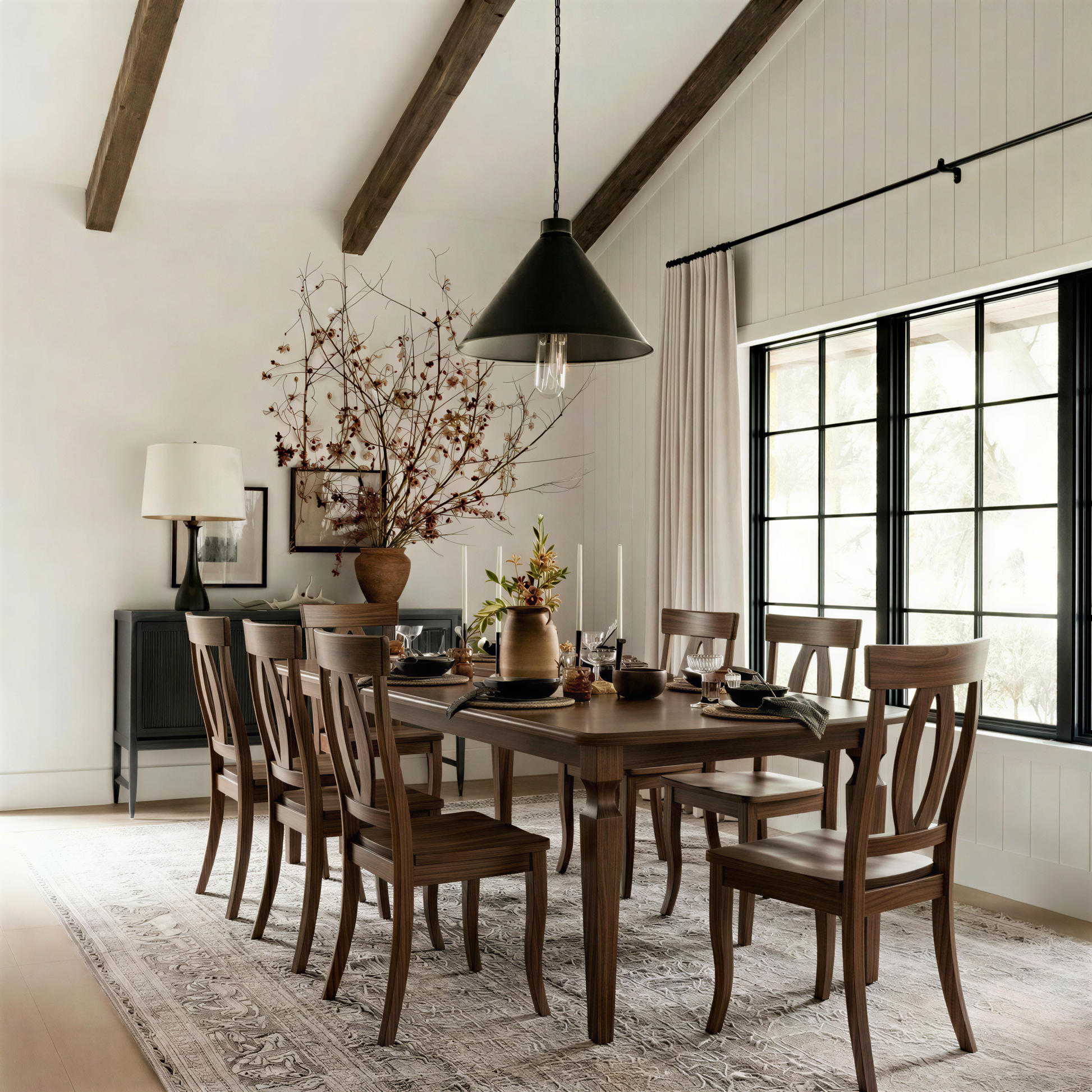 solid handcrafted hardwood walnut table and chairs usa made customizable extendable expandable corner legs heirloom in a dining room with windows.