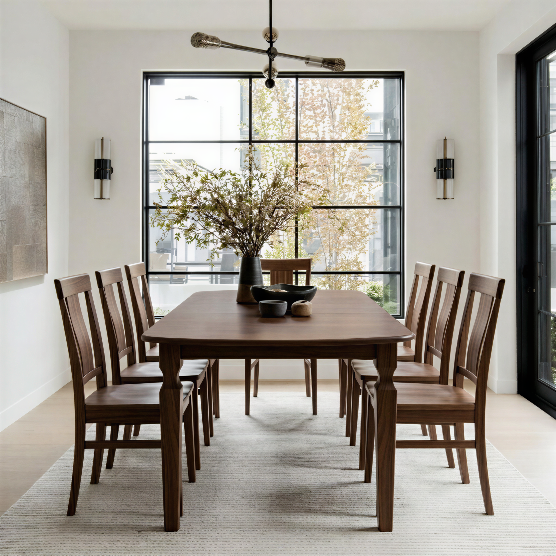 Dining room with wooden table and chairs in a modern home setting. USA Handcrafted custom solid walnut hardwood expandable extendable dining table and chairs customizable.