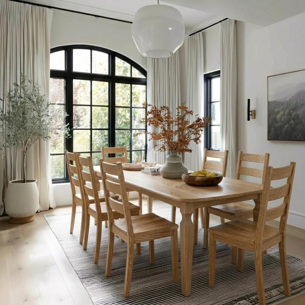 Dining room with wooden handcrafted extendable usa made solid hardwood quarter sawn white oak table and chairs, large windows, and decorative elements.