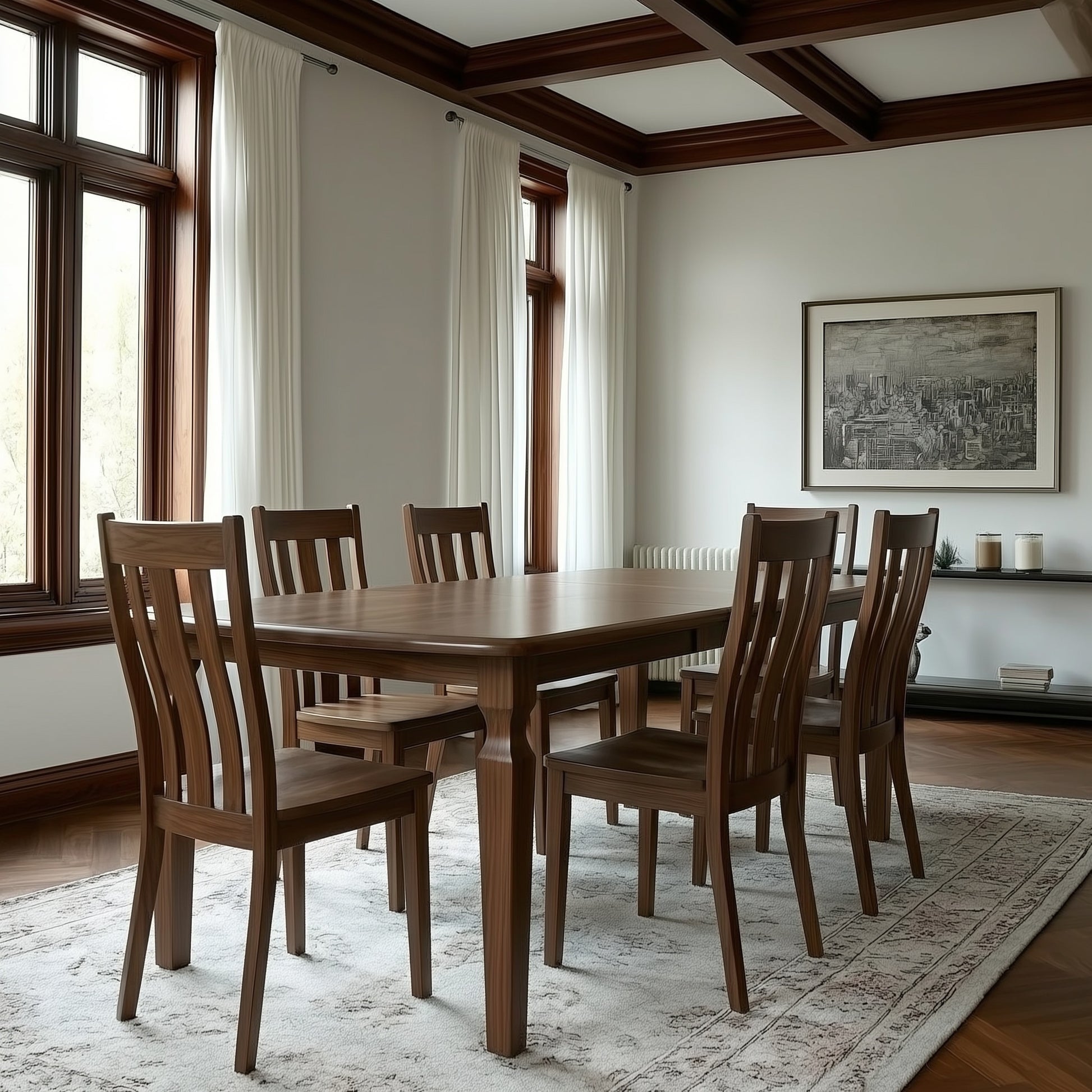 Walnut table and chairs in a wood wooden box beams and window frames. handcrafted solid walnut heirloom custom furniture