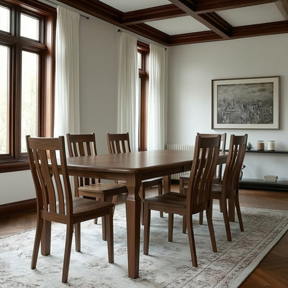 Walnut table and chairs in a wood wooden box beams and window frames. handcrafted solid walnut heirloom custom furniture