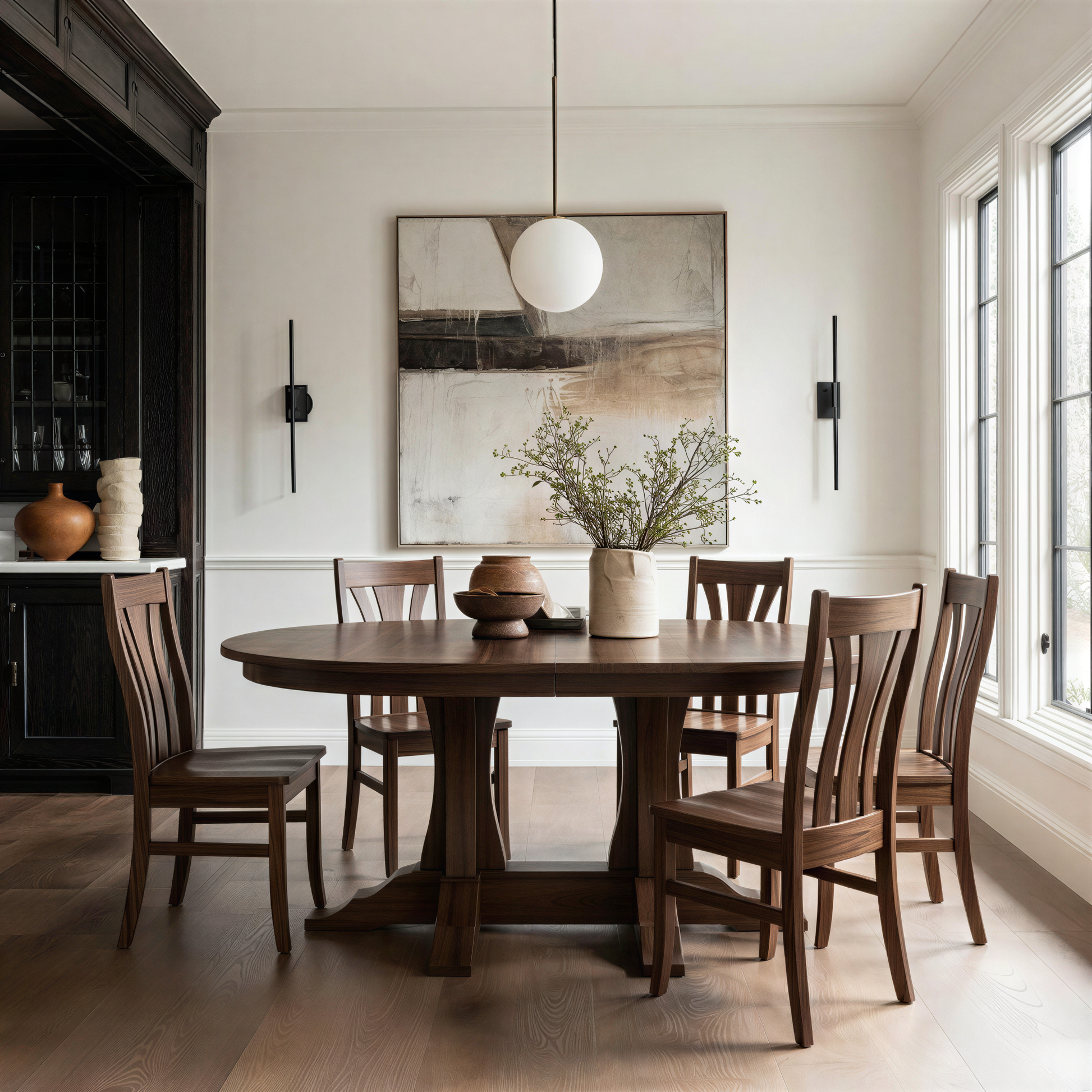 handcrafted custom walnut semi-oval dining table and walnut usa made chairs in a ding room with window, modern art, natural rug. Organic modern feel, moody dark kitchen cabinets