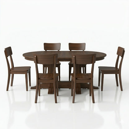 Walnut table and chairs on white, handcrafted solid hardwood, extendable, double trestle. modern