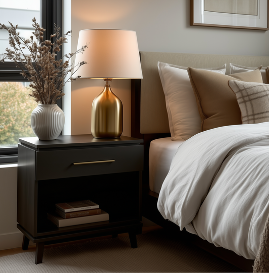The Kingsley 1-Drawer Nightstand, topped with a gold lamp, white vase of dried flowers, and stacked books, stands beside a neatly made bed with white linens and beige pillows in a bright modern bedroom.