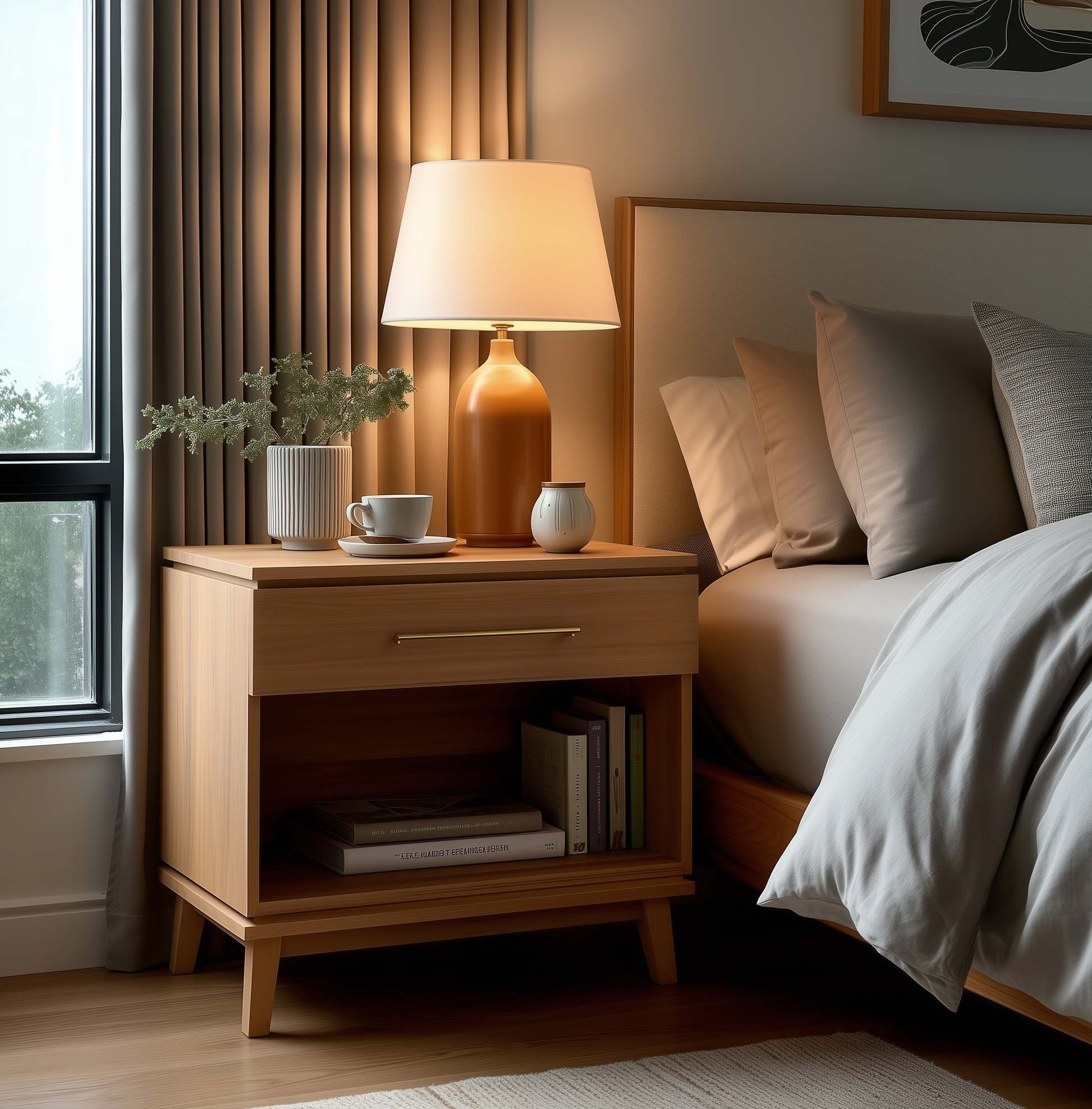 The Kingsley 1-Drawer Nightstand sits by the bed holding a lit lamp, potted plant, cup, and small jug. Books rest on its lower shelf. Sunlight streams in through a window with beige curtains.
