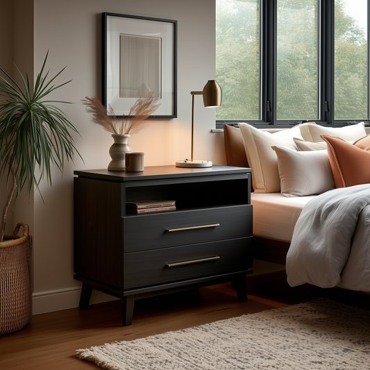A stylish bedroom showcases The Kingsley 2-Drawer Nightstand in dark wood with gold handles, topped with a vase, books, and lamp. The bed features white and orange pillows, large windows let in light, and a plant basket sits nearby.