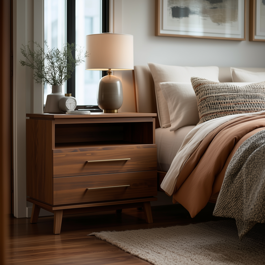 The Kingsley 2-Drawer Nightstand, with two drawers and an open shelf, stands beside a neatly made bed. Topped with a lamp, plant, and alarm clock, it complements the bedroom’s cozy, contemporary decor.