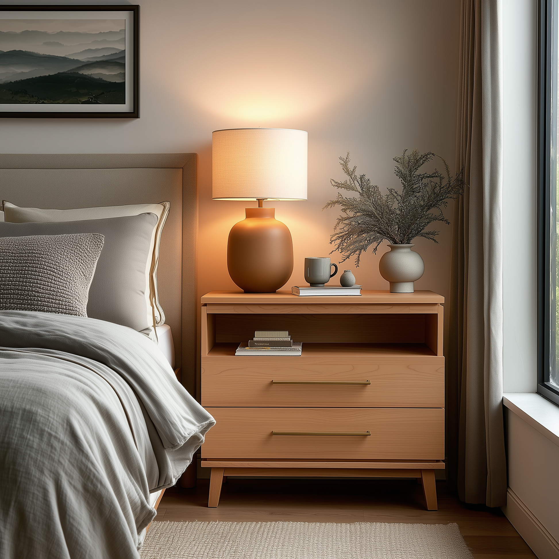 A cozy bedroom features The Kingsley 2-Drawer Nightstand with a lamp, books, a mug, and a vase with greenery beside a neatly made bed, all illuminated by soft natural light from a large window.