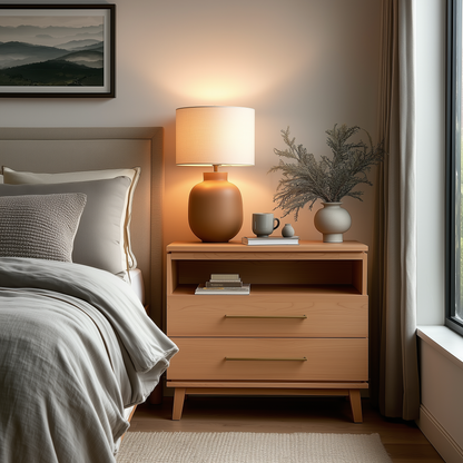 A cozy bedroom features The Kingsley 2-Drawer Nightstand with a lamp, books, a mug, and a vase with greenery beside a neatly made bed, all illuminated by soft natural light from a large window.