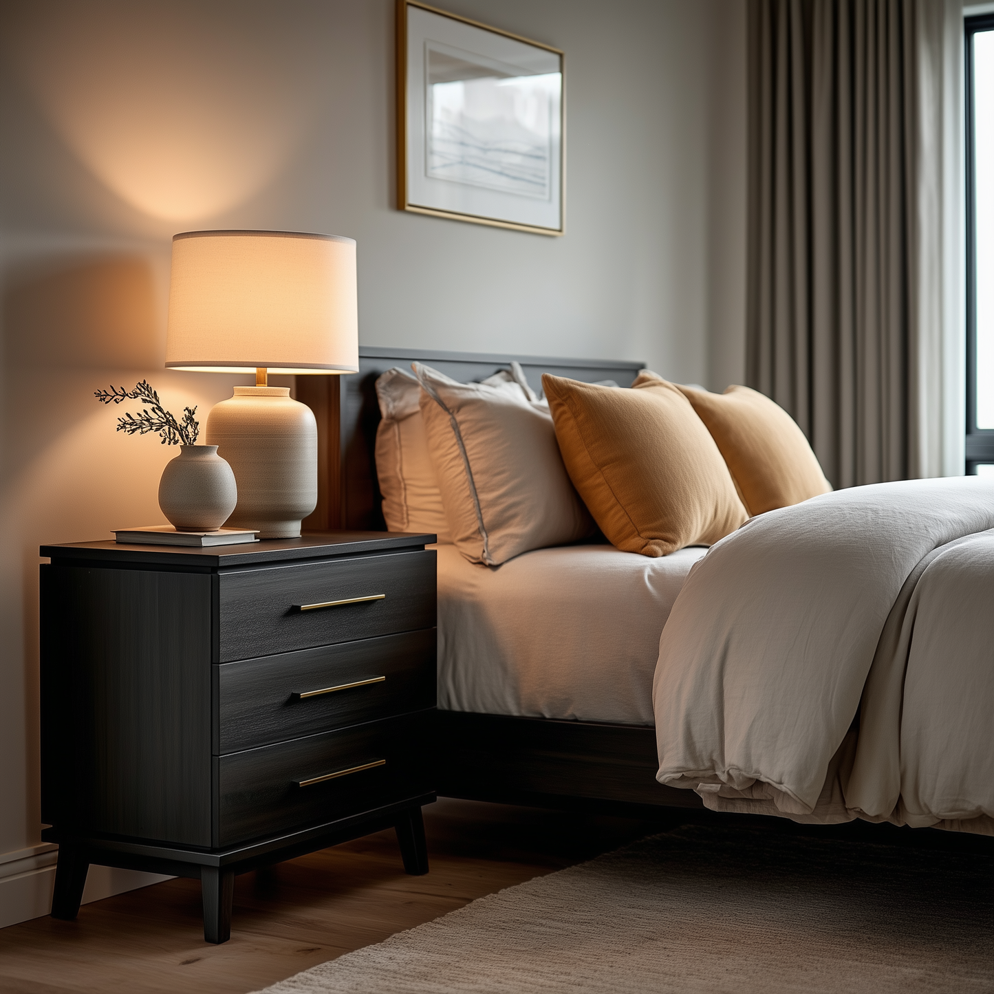 A neatly made bed with beige and tan pillows sits beside The Kingsley 3-Drawer Nightstand, topped with a lit lamp and a vase of greenery. Soft neutrals and natural light create a cozy, modern bedroom feel.