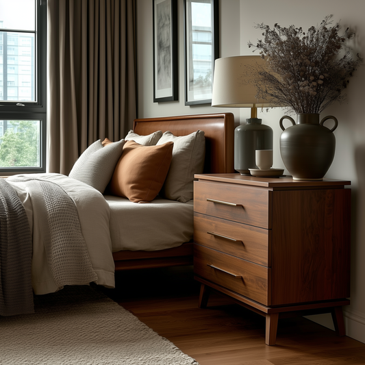 A cozy bedroom showcases a neatly made bed with neutral pillows, large windows with beige curtains, and The Kingsley 3-Drawer Nightstand adorned with a lamp, vases, and dried flowers, all bathed in natural light.