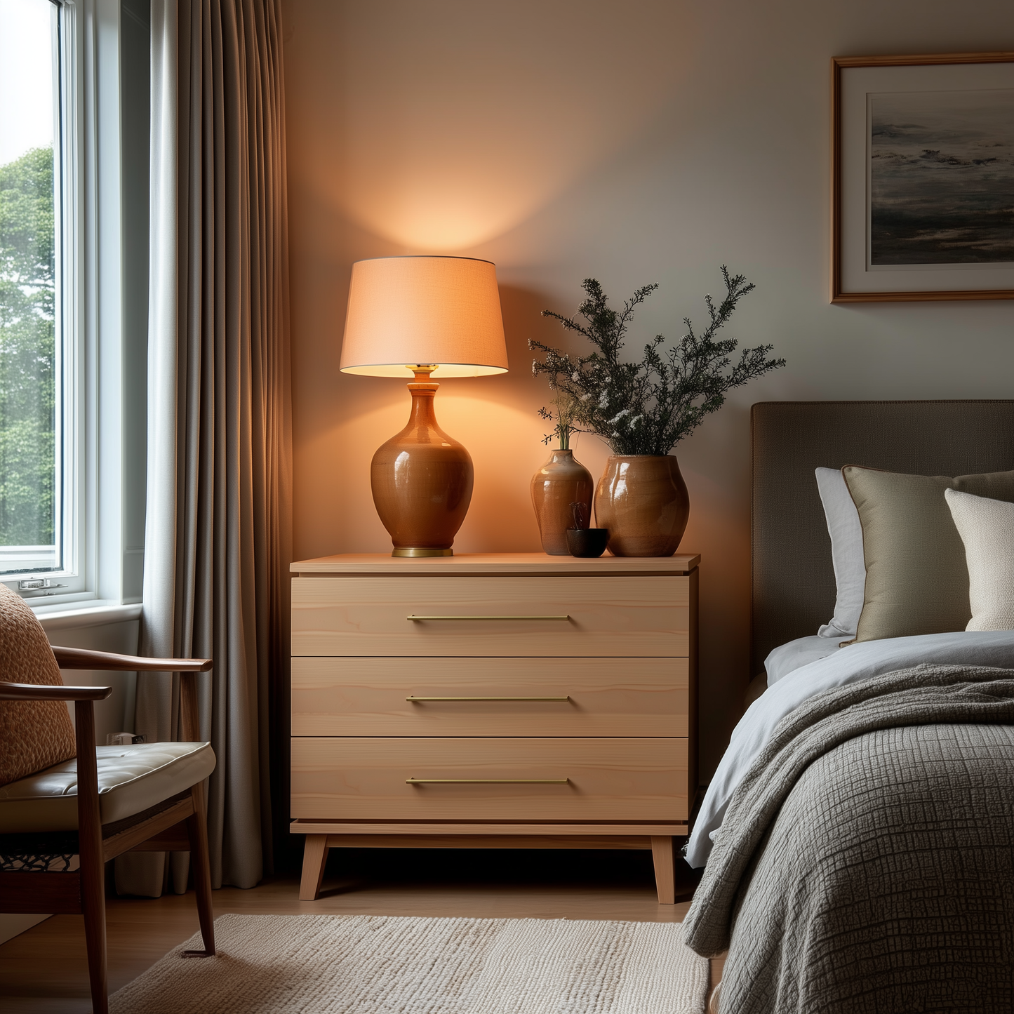 A cozy bedroom corner features The Kingsley 3-Drawer Nightstand, topped with an amber lamp, ceramic vases with greenery, and a framed landscape on the wall beside a neatly made bed and a window with soft curtains.