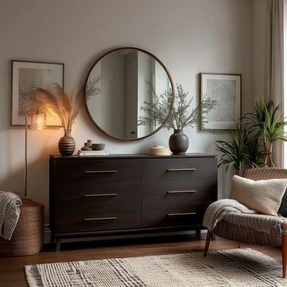 A modern bedroom features The Kingsley 6-Drawer Dresser in dark wood with gold handles, topped by a large round mirror, decorative vases, framed art, plants, and cozy neutral decor bathed in soft natural light.